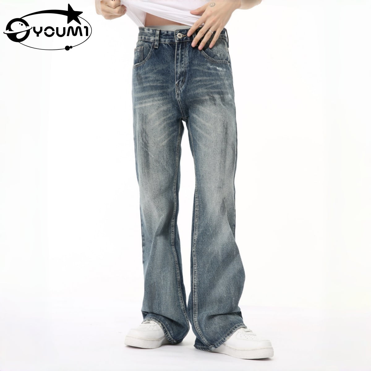 American-style retro distressed colored personalized fashionable flared water-washed casual jeans trend