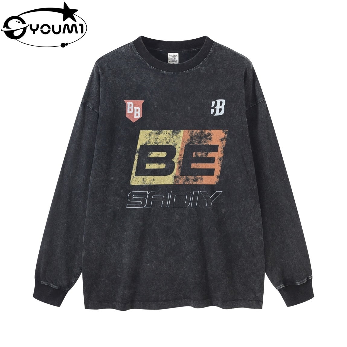 YOUMI Snow Washed Long Sleeve T-Shirt Racing Element Distressed     