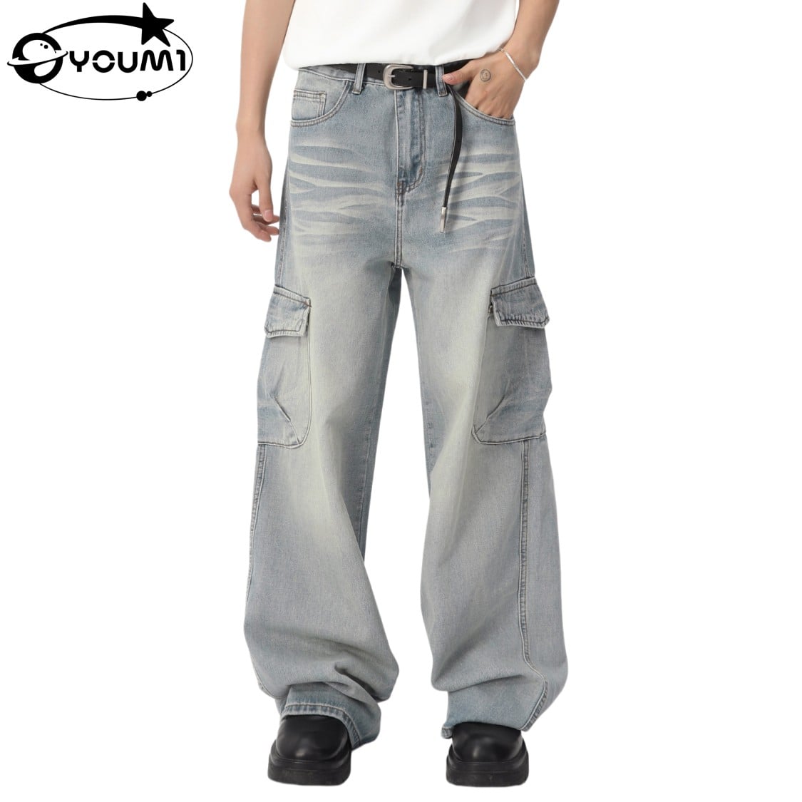 YOUMI Men'S Vintage Washed Cargo Wide-Leg Jeans Light Blue Streetwear Denim Pants