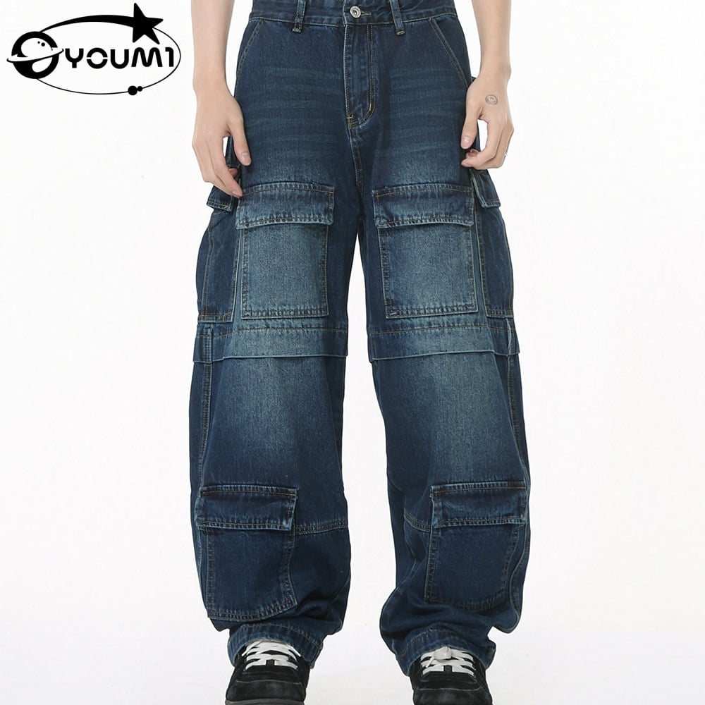 Jeans cargo à jambes larges pour hommes YOUMI, délavés vintage, en denim brut japonais à bord rentré