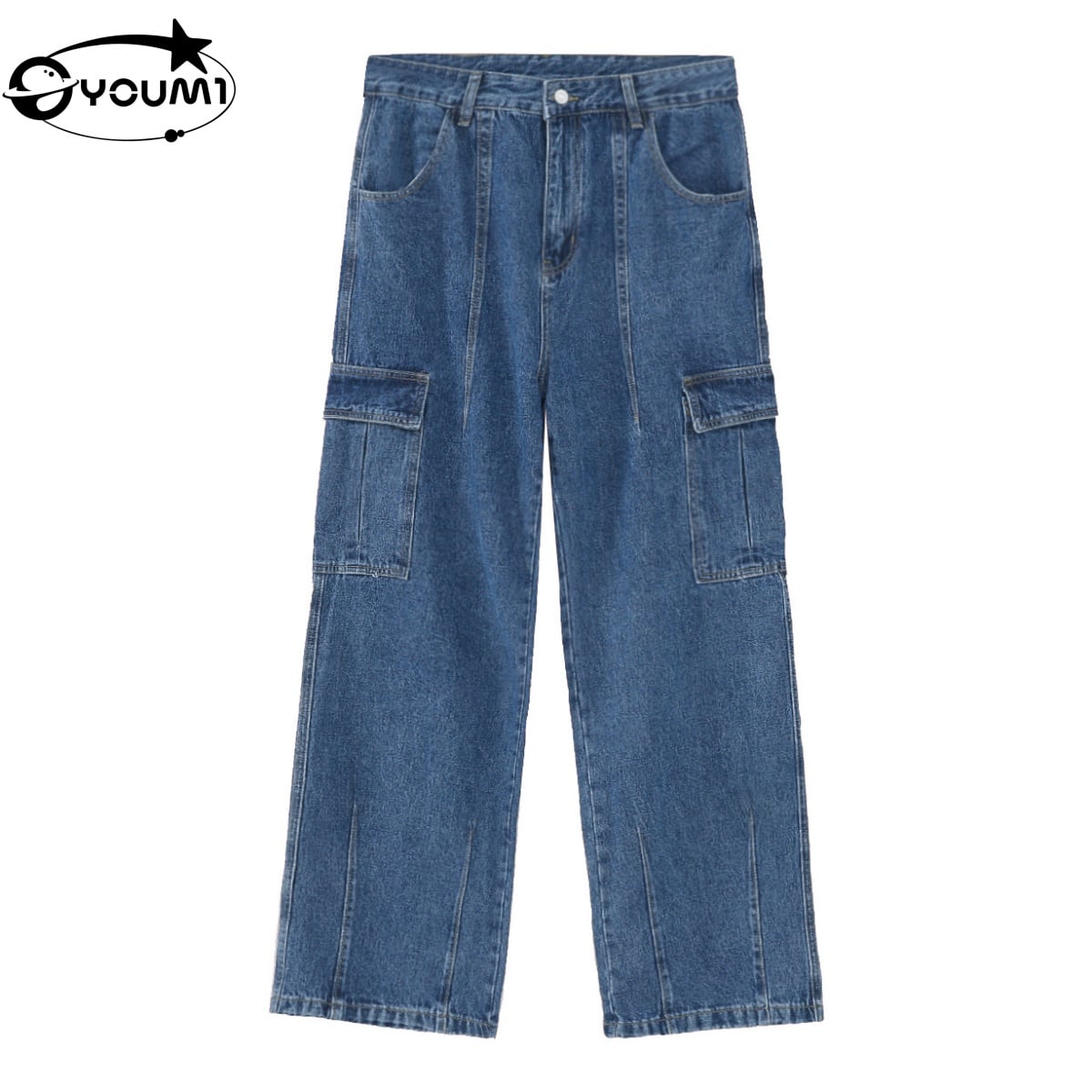YOUMI Men's Mid Waist Denim Jeans Straight Leg Cargo Jeans SidePockets

