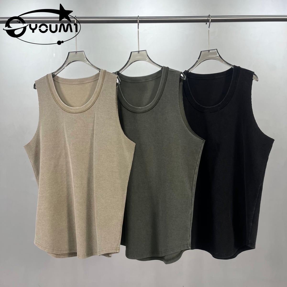 YOUMI Custom ODM Waffle Acid Washed Distressed Vest Tank Top  