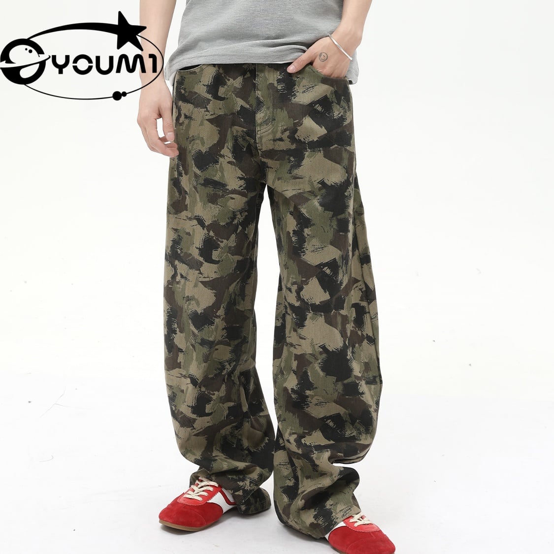 YOUMI Men's Wide Leg Selvedge Denim Jeans Men's High Street Camouflage

