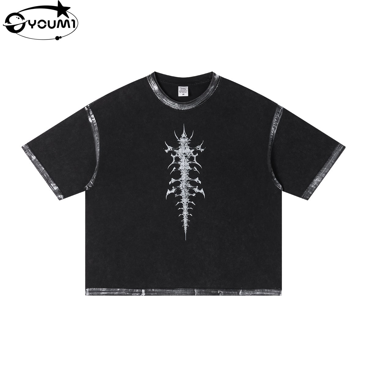 YOUMI Vintage Washed Boxy Crop T-Shirt Acid Spray Print Grunge Streetwear 