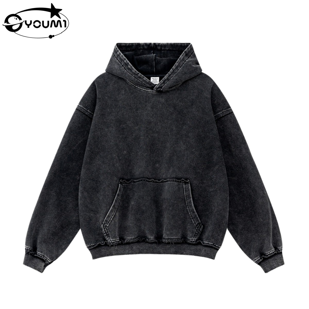YOUMI Heavyweight Raw Edge Hoodie Y2K Men'S Vintage Snow Washed Streetwear