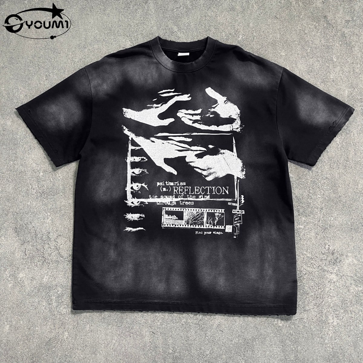 YOUMI Vintage Washed Spray Dyed T-Shirt Oversized Distressed Grunge