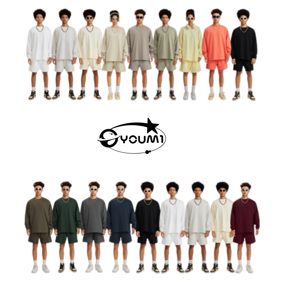 YoumiSolid Cotton 2 Piece Matching Set Oversized Long Sleeve Tee & Shorts Streetwear Co Ord Outfit