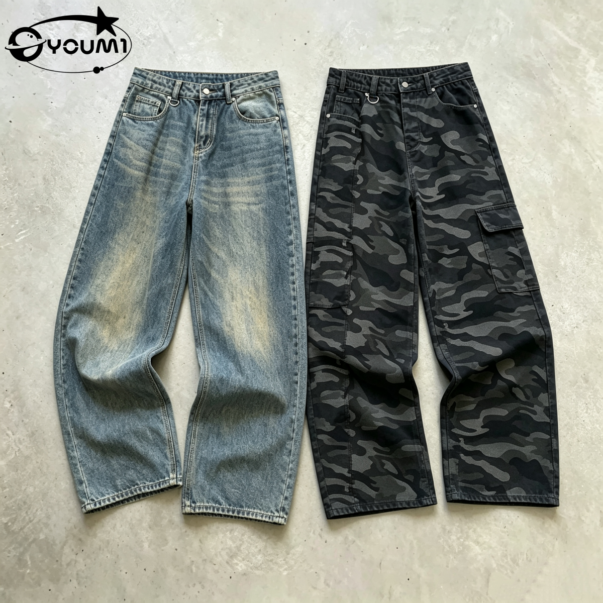 YOUMI Men's Wide Leg Men's Jeans Cotton Custom Logo Camo Cotton Denim Men's Jeans

