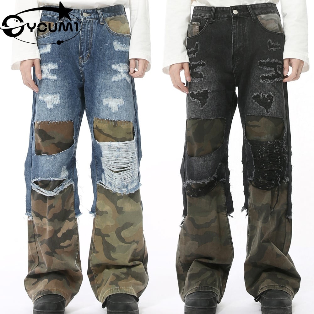 YOUMI Men's Wide Leg Camouflage Patchwork Ripped Jeans Distressed Hip Hop Vintage Japanese Selvedge Denim

