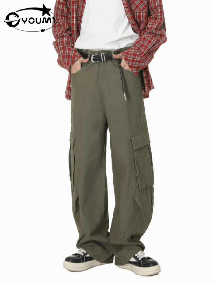 Youmi Custom Men Baggy Wide Leg Cargo Pants Vintage Washed  Streetwear 