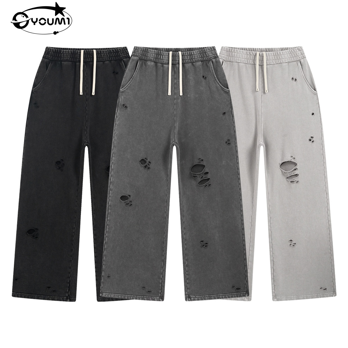 Men'S 420G French Terry Acid Washed Wide-Leg Pants Elastic Waist Distressed Streetwear Trousers