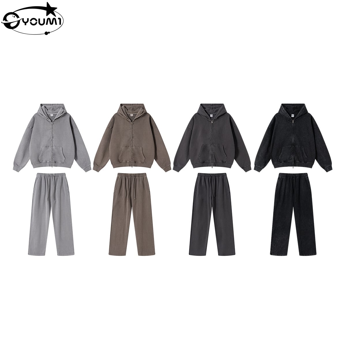 YoumiMen'S 2 Piece Vintage Washed  Hoodie Straight Drawstring Pants Streetwear Tracksuit Set