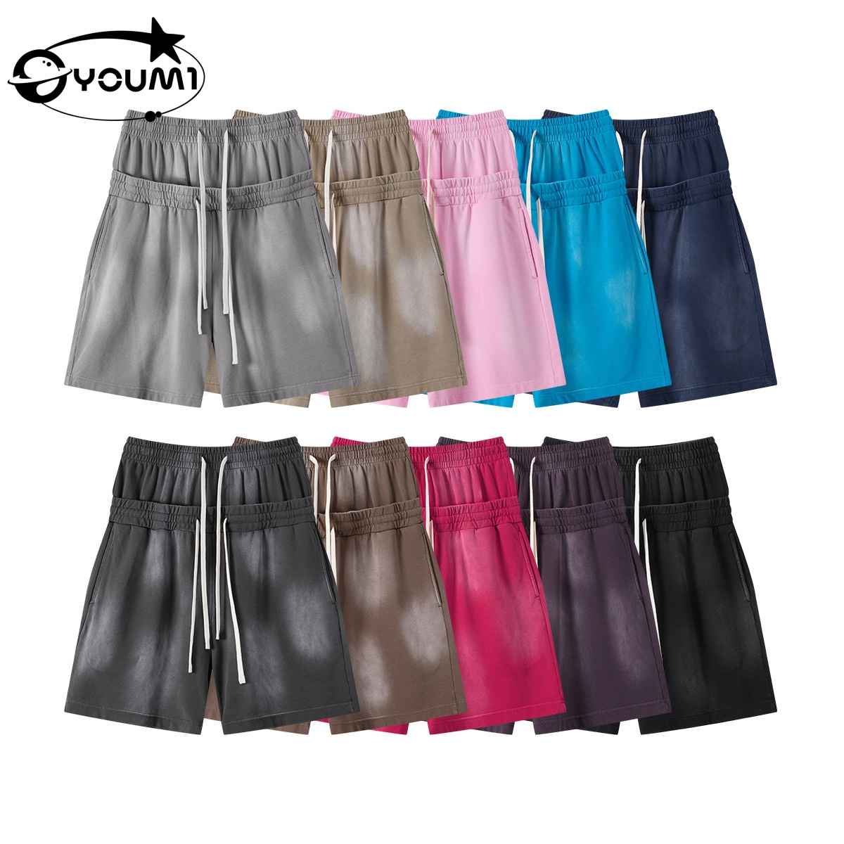 YOUMI Custom OEM 320GSM 100% Cotton Sun-Faded Washed Double Layer Men Streetwear Shorts