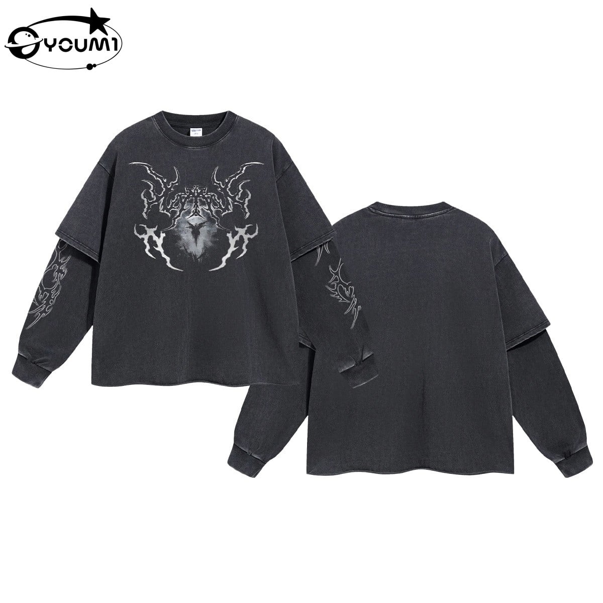 Vintage Fake Two-Piece Long Sleeve T-Shirt Men'S Acid Washed Streetwear Tee