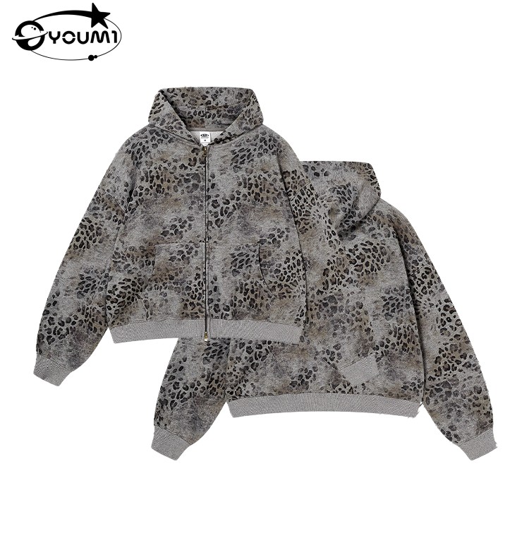 YOUMI Sun Faded Leopard Camo Heavyweigh Boxy Cropped Hoodie Jacket 