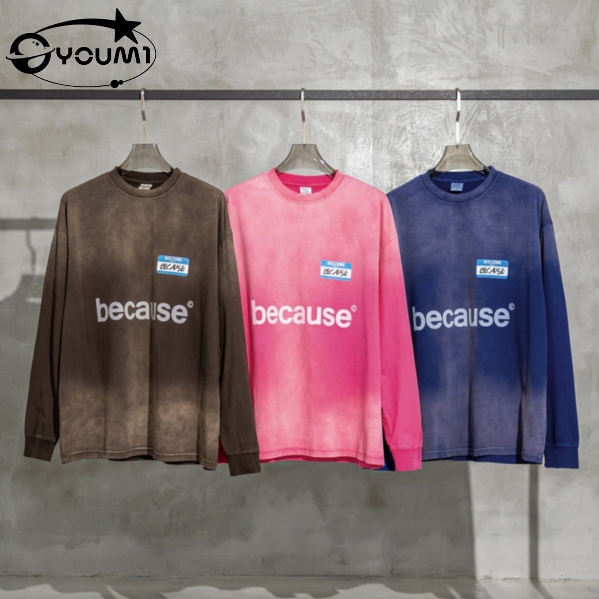 YOUMI 260G Sun Faded Wash Letter Print Long Sleeve T-Shirt Oversized