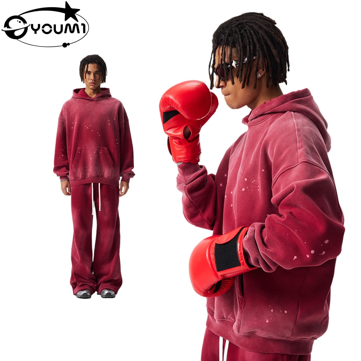 Heavyweight Spray Washed Hoodie Men'S Vintage Fleece Streetwear Pullover 
