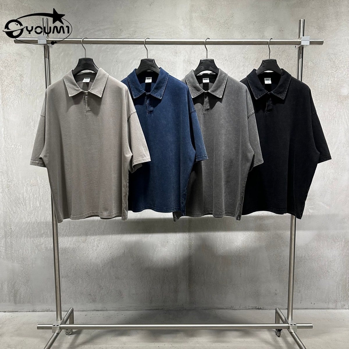  Men's Vintage Washed Outfit Set Short Sleeve Polo Shirt Streetwear