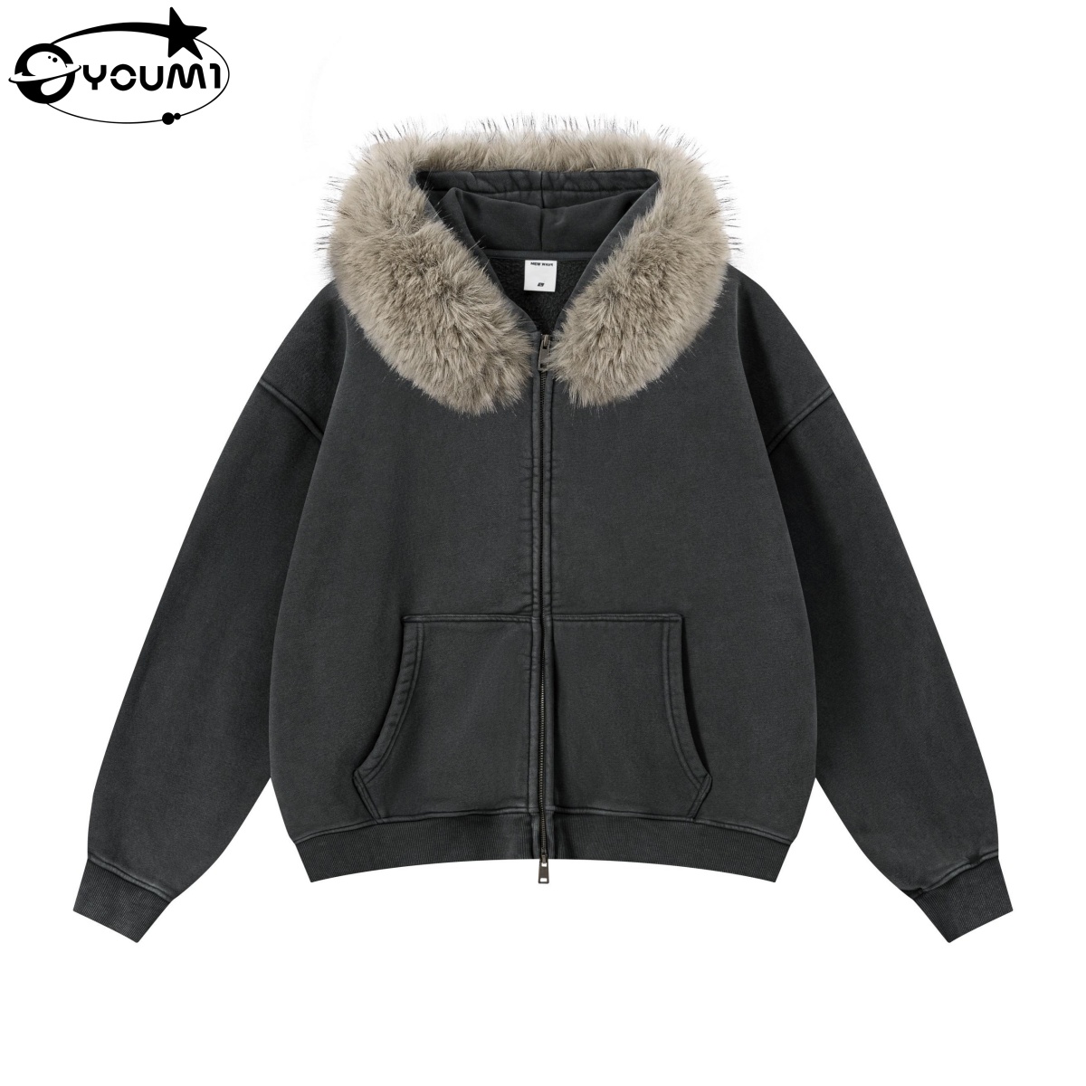 YOUMI  Boxy Solid French Terry Double Zipper Warm Vintage Autumn Streetwear Fashion Sweatshirt