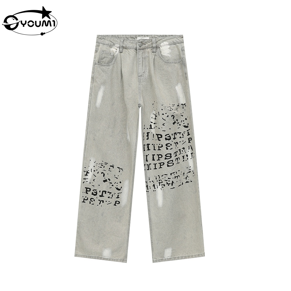 Denim Manufacturer Custom Oversize Print SunFaded Vintage Wash Boot Cut Mid Waist Baggy Y2K Hiphop Denim Jeans Pants
