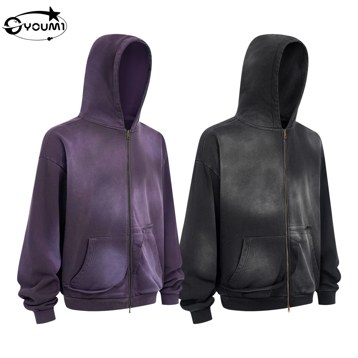 YOUMI   Sun Faded Distressed Double Zipper Autumn Streetwear Fashion Sweatshirt