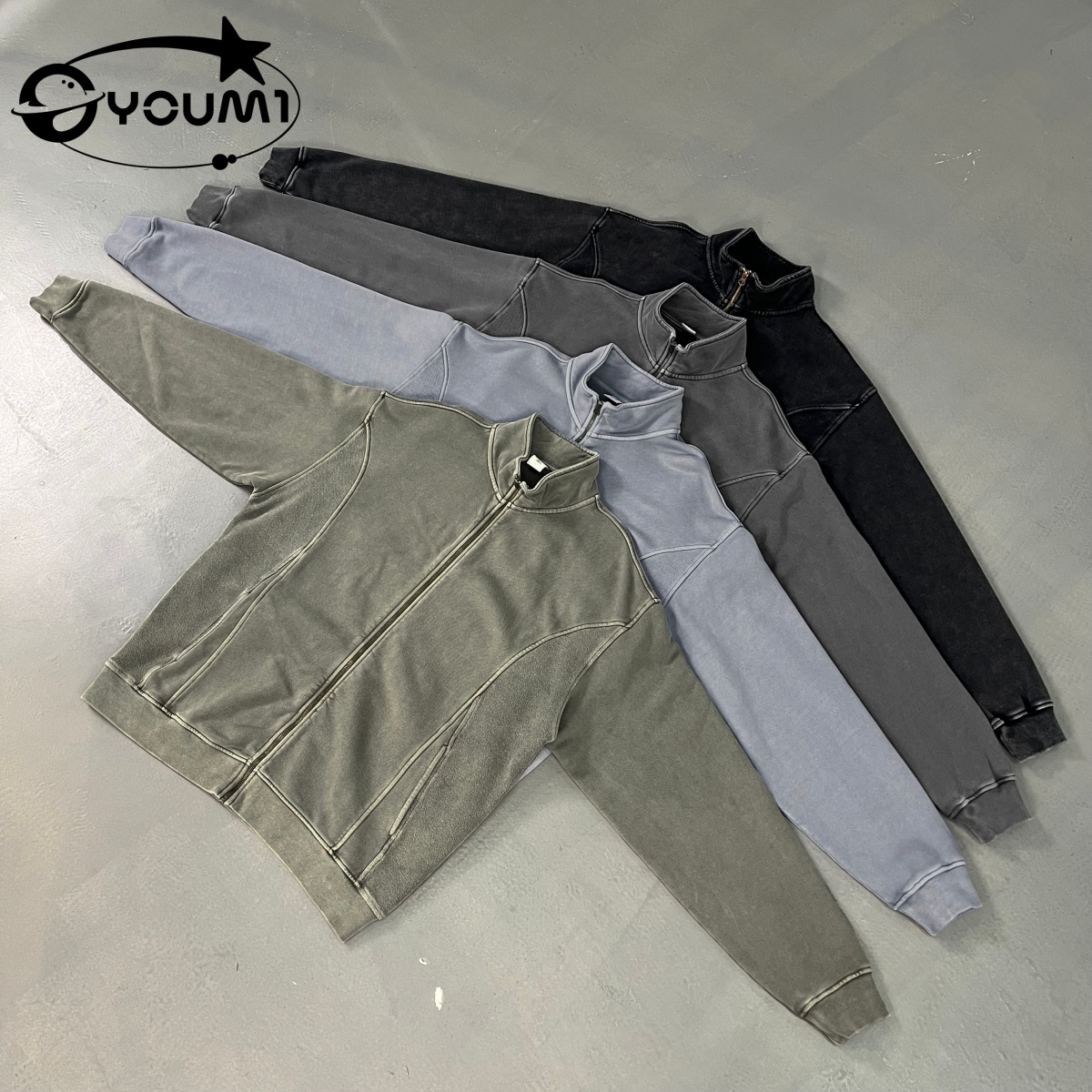 Youmi Custom100%Cotton Jacket Stone Vintage Zipper Stand Collar Washed Jogger