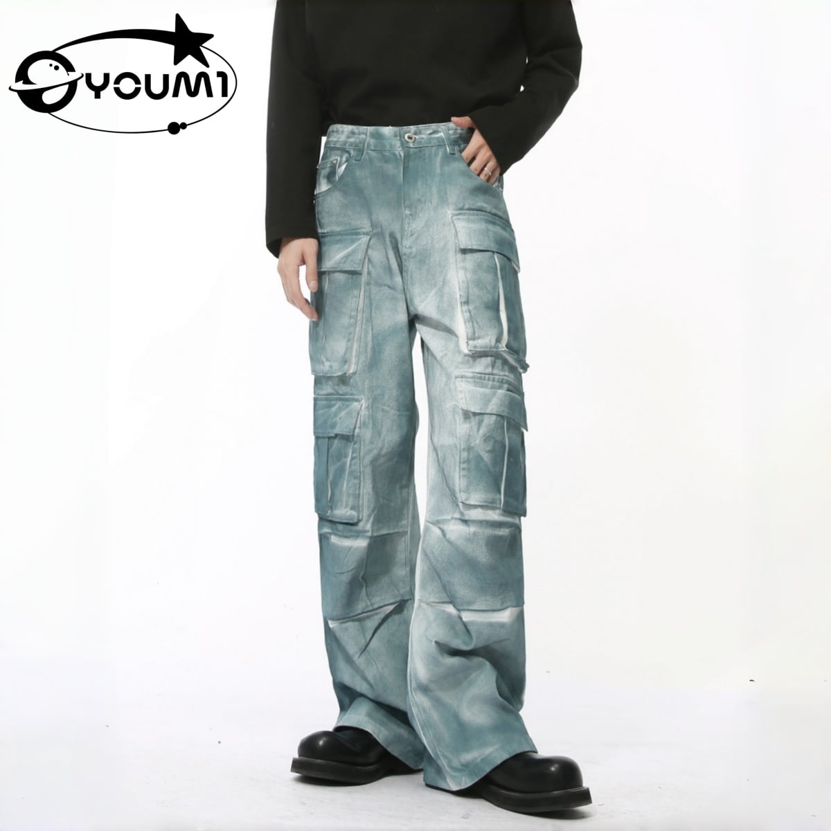 YOUMI Men's Cargo Raw Japanese Selvedge Denim Custom Men's Straight Leg 

