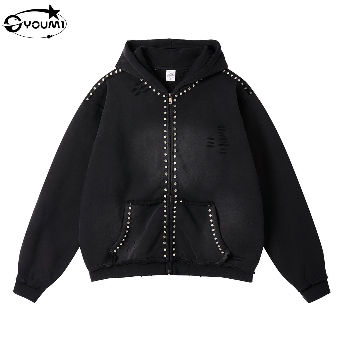 YOUMI Sun Faded Distressed Heavyweigh Rhinestone Hoodie Jacket  