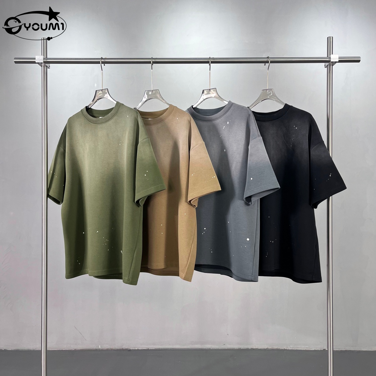  YOUMI Vintage Washed Splash Dyed T-Shirt Oversized Y2K