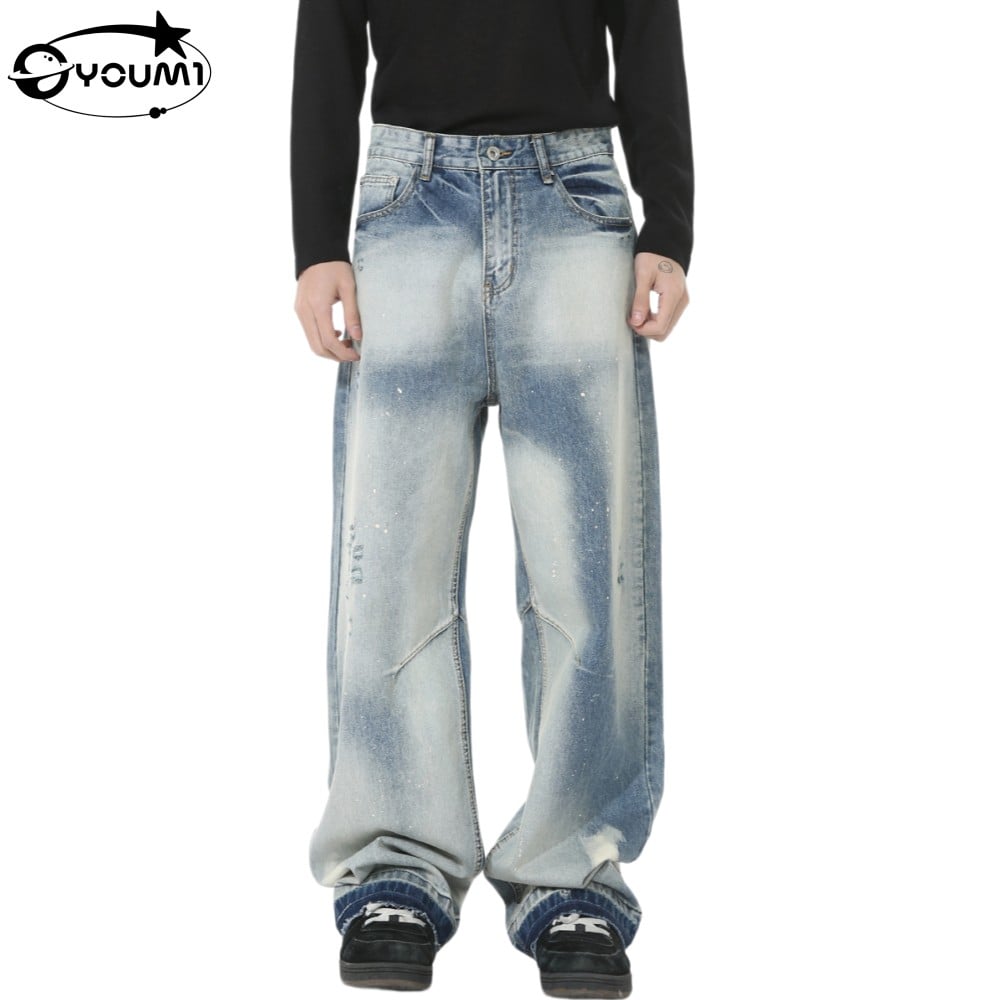 YOUMI Wide-Leg Denim Jeans Heavy Splash Washed Distressed