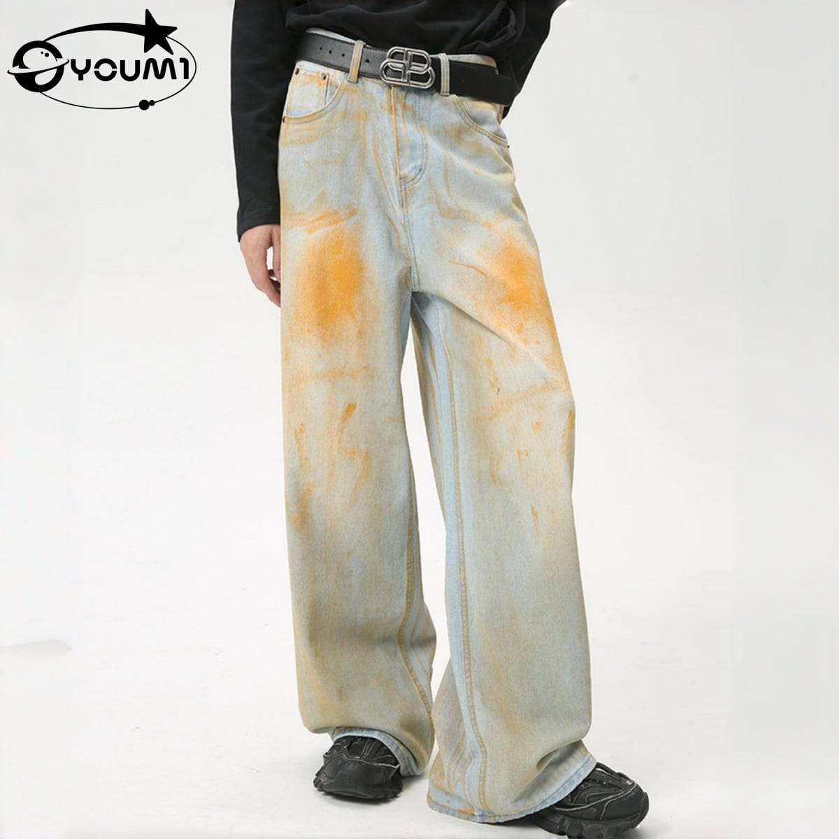 YOUMI Men's Vintage Salvage Japanese Raw Denim Custom Men's Straight Leg Baggy 

