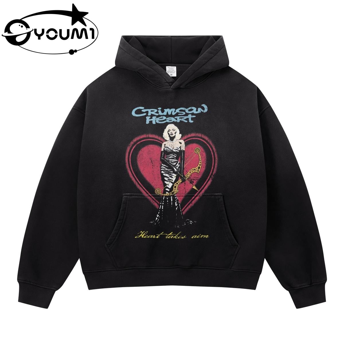 Youmi Custom Cotton Hooded Distressed Pullover Hoodie Sun Faded DTG Print