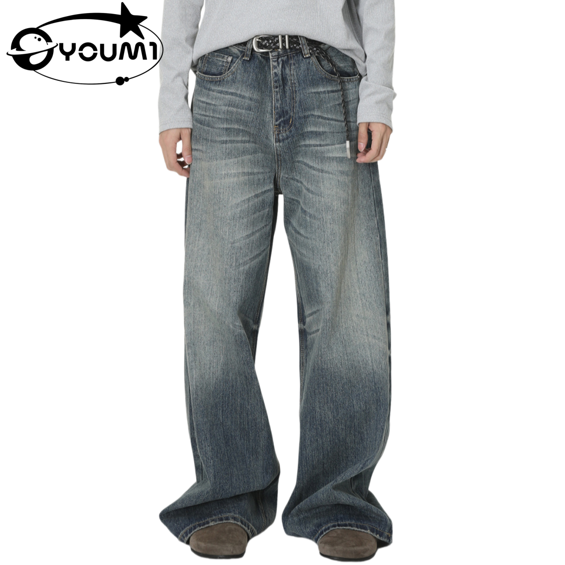 YOUMI Men's Whisker Loose Straight Leg Casual Washed High Street 


