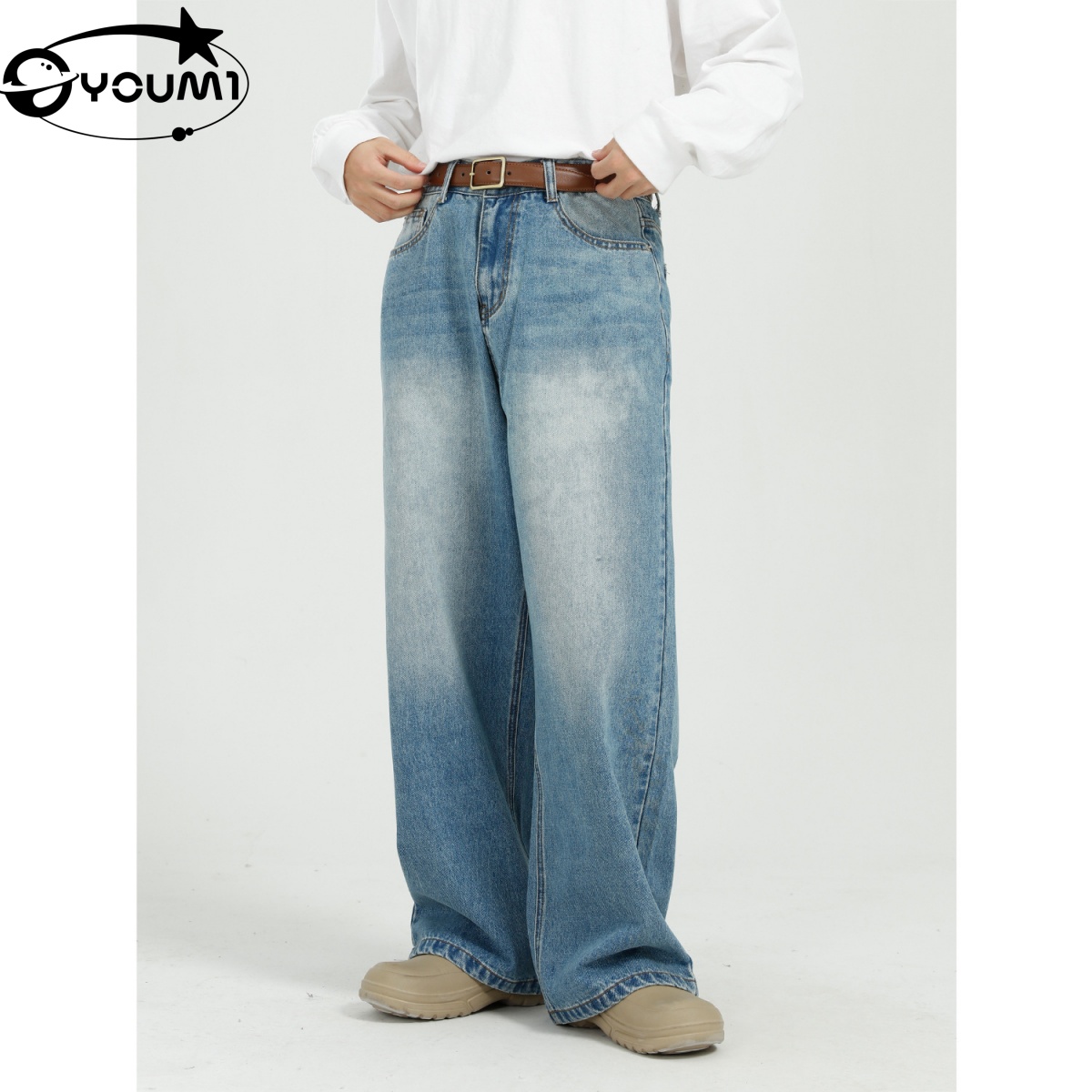Men's Washed Sun Faded Jeans StreetWear Versatile Blue Straight Wide Leg Jeans