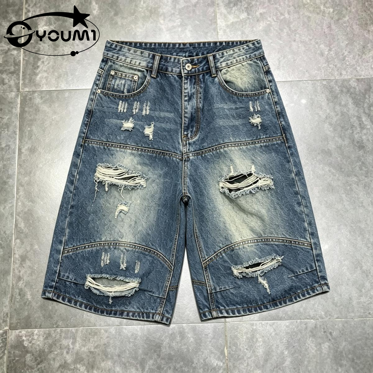 YOUMI Men's Destroyed Denim Shorts Short De Jeans Jorts

