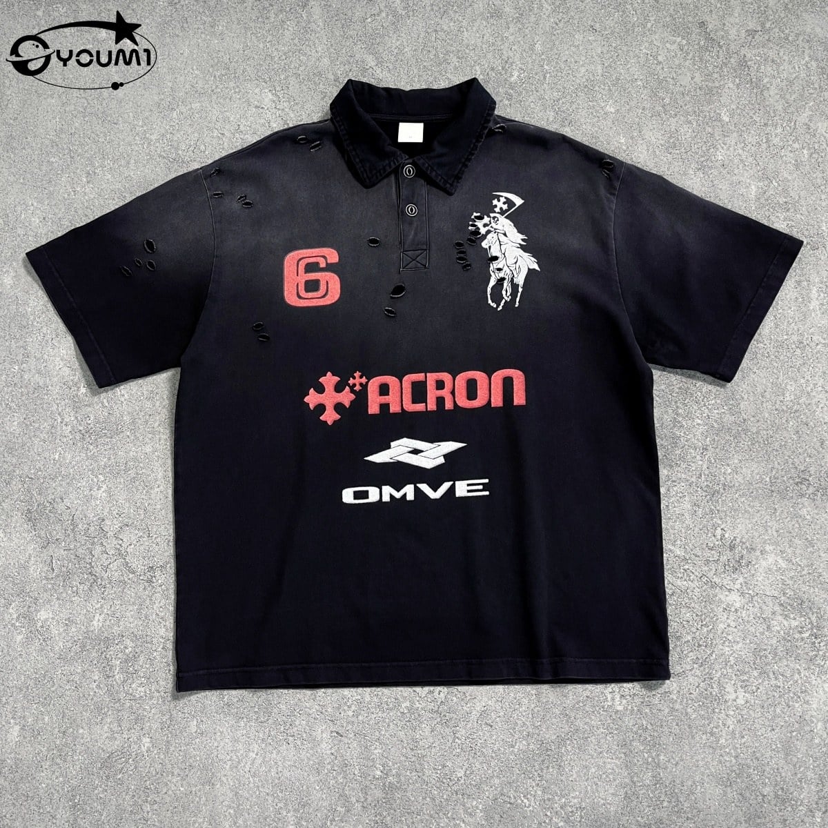 Men's Vintage Washed Distressed Polo Shirt Faux Embroidery Knight Graphic Streetwear