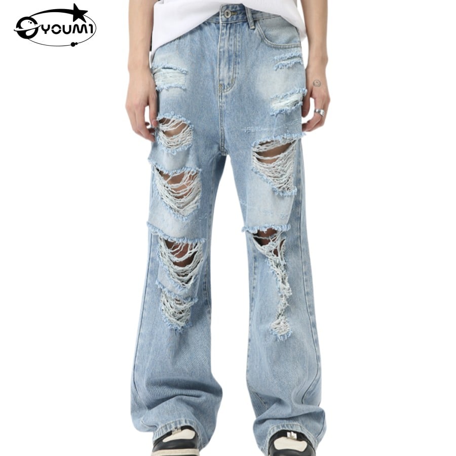 YOUMI Distressed Ripped Wide-Leg Jeans Streetwear Denim Pants 