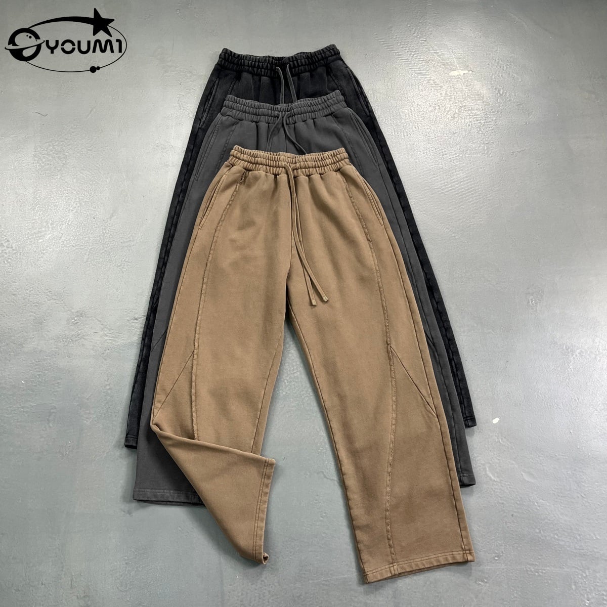 Men'S Vintage Washed Wide-Leg Pants Elastic Waist Raw Edge Streetwear Trousers