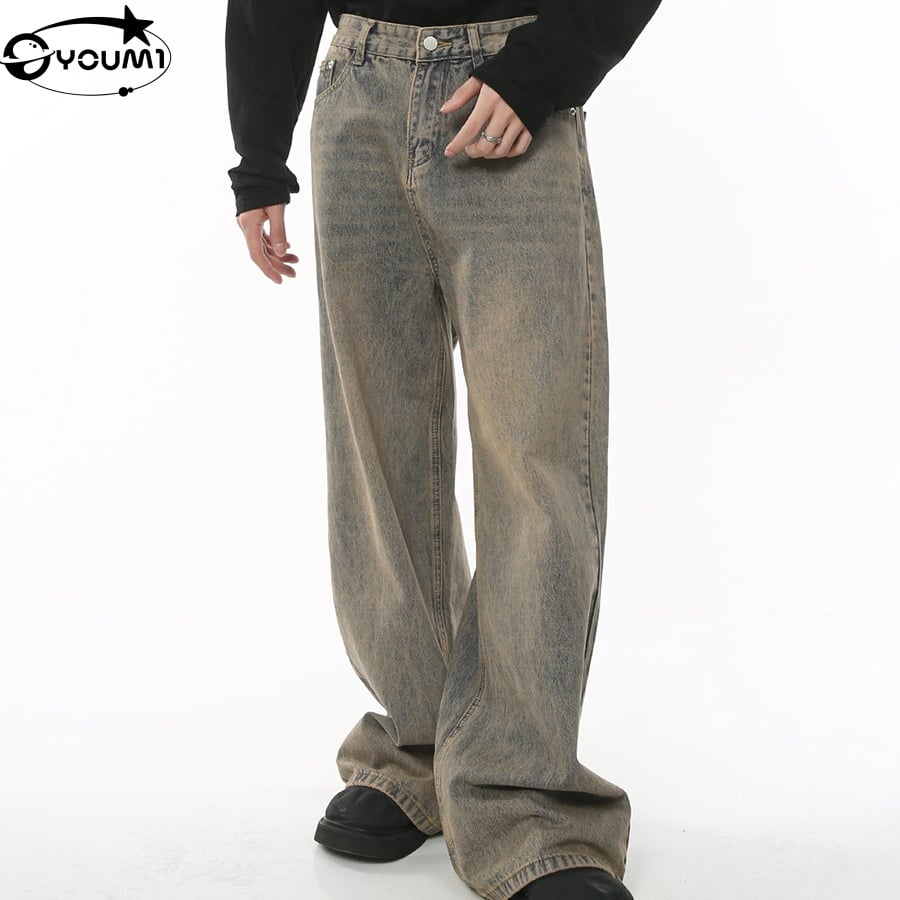 Youmi Custom Sun Faded Acid Washed Wide Leg Jeans Men Streetwear Denim Pants