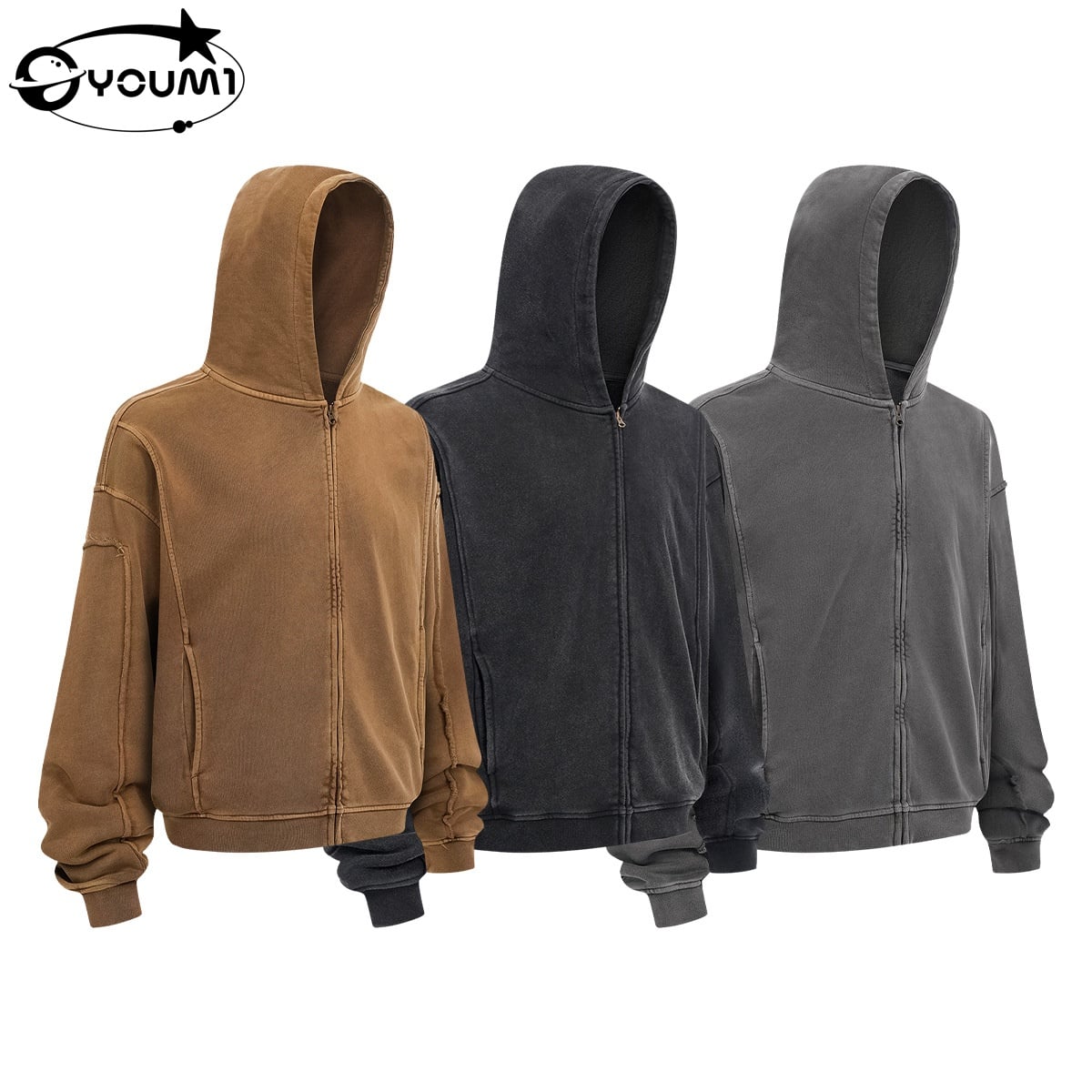 YOUMI Raw Edge Vintage Washed Heavyweigh Rhinestone Hoodie Jacket 