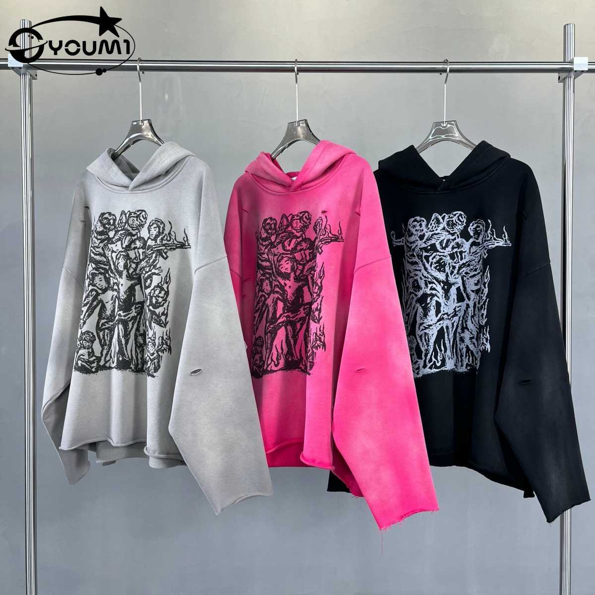 YOUMI Custom OEM Distressed Oversized 350 GSM Y2k Men's Hoodies