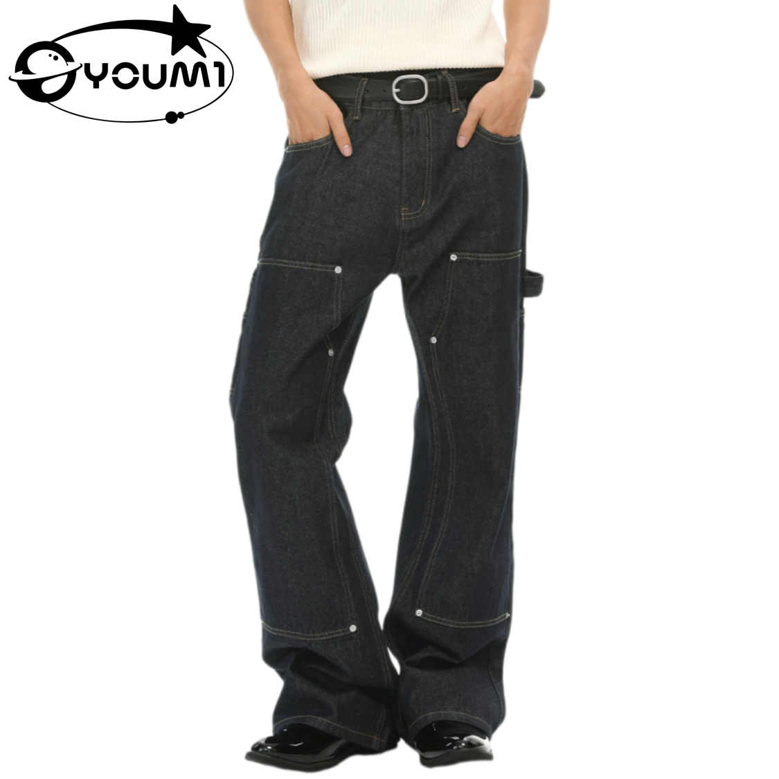 YOUMI Men's Wide Leg Men's Multi Pocket Rivet Vintage Streetwear Wide Leg Bootcut Denim

