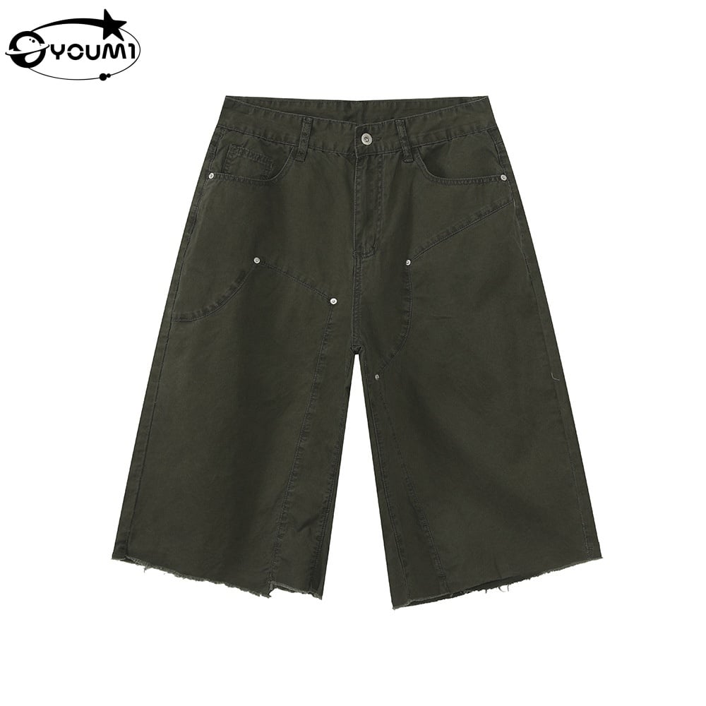 YOUMI Men's Workwear Raw Edge Cotton Loose Cropped Pants Fashion Denim Straight Leg

