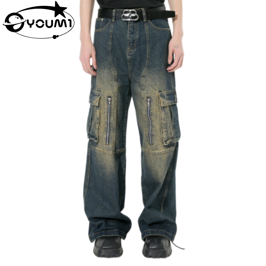 YOUMI Men's Front Zipper Pockets Contrast Loose Wide Leg Street Trousers

