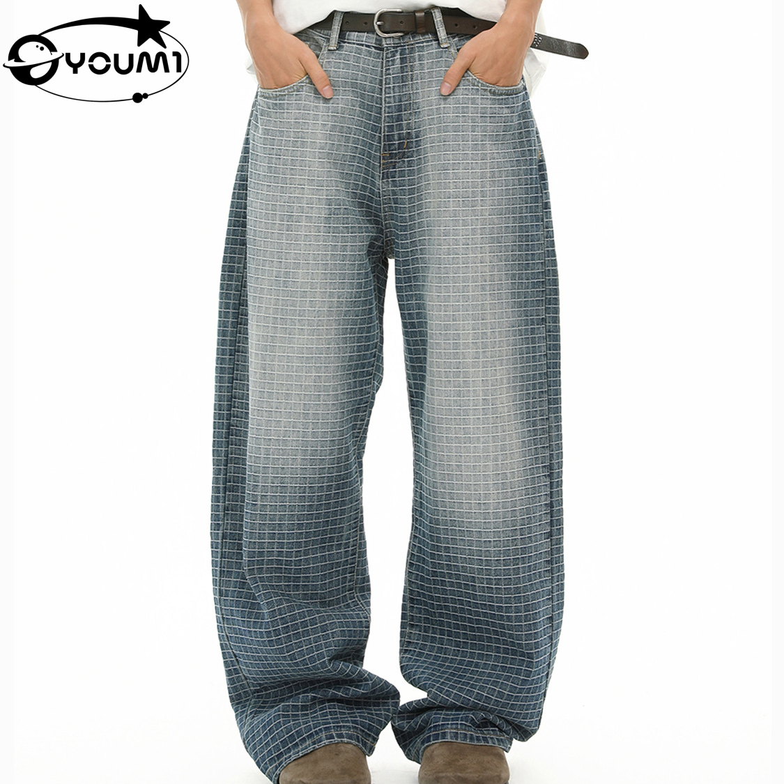 YOUMI Men's Vintage Wash Oversized Raw Denim Custom Men's Straight Leg Baggy 

