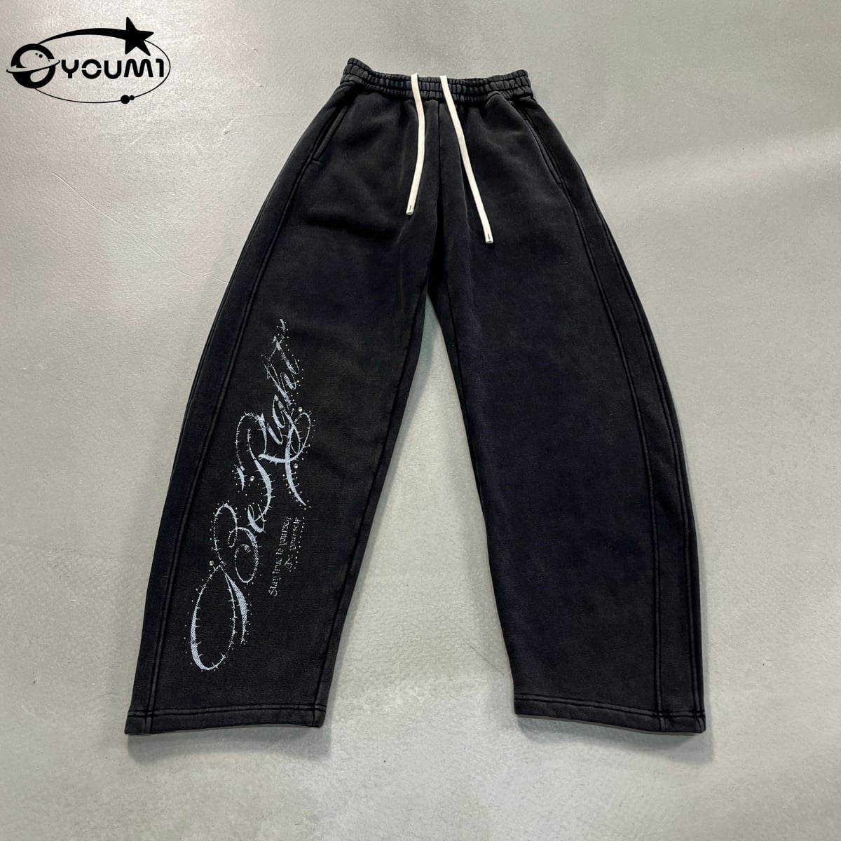  YOUMI Men Y2K Rhinestone Streetwear Jogger Acid Washed Pants
