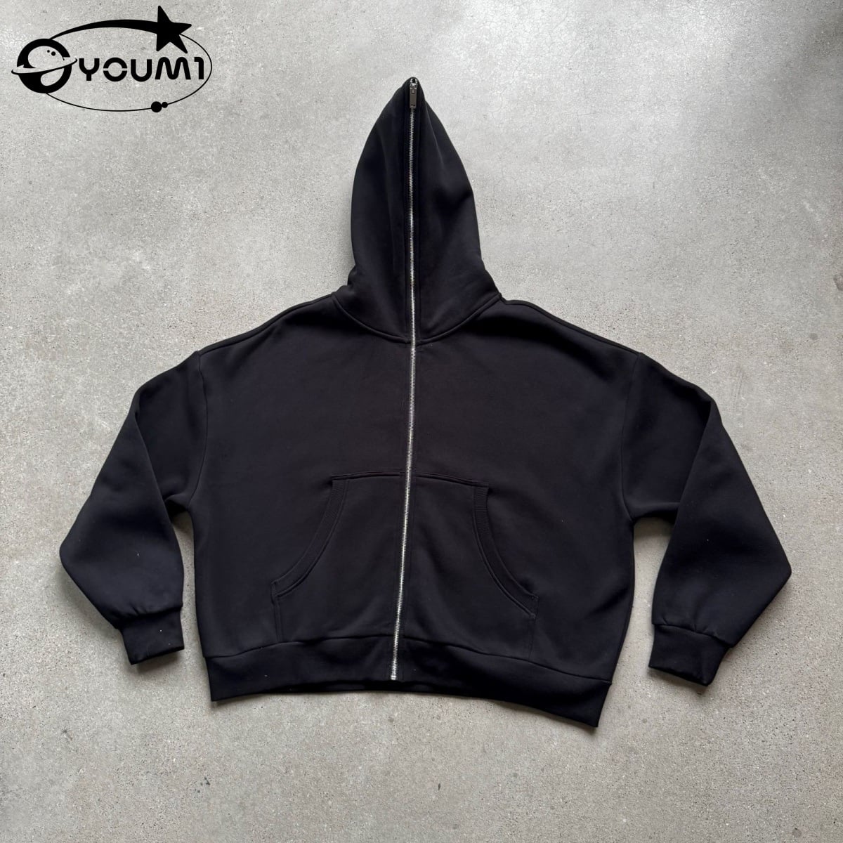 YOUMI Heavy Fleece Boxy Zip Up Hoodie Dark Punk Hip Hop Oversized Full Zip Streetwear Jacket