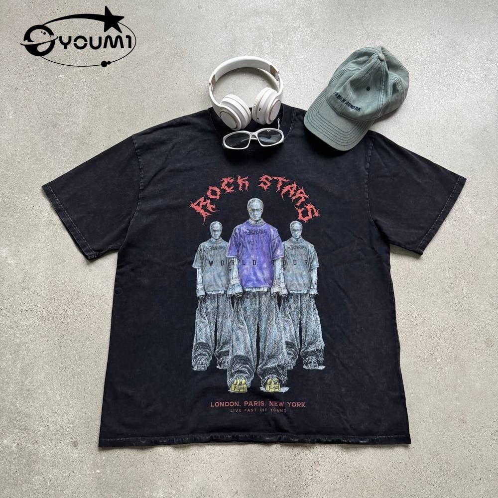 YOUMI 260G Vintage Acid Wash T-Shirt Hip HOP Streetwear
