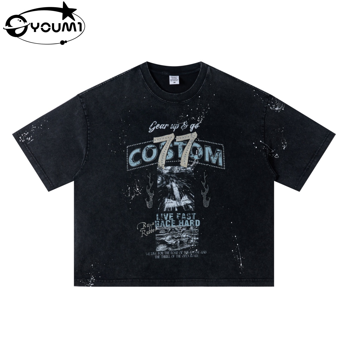 YOUMI Vintage Washed Rhinestone Print T-Shirt Oversized Distressed Grunge