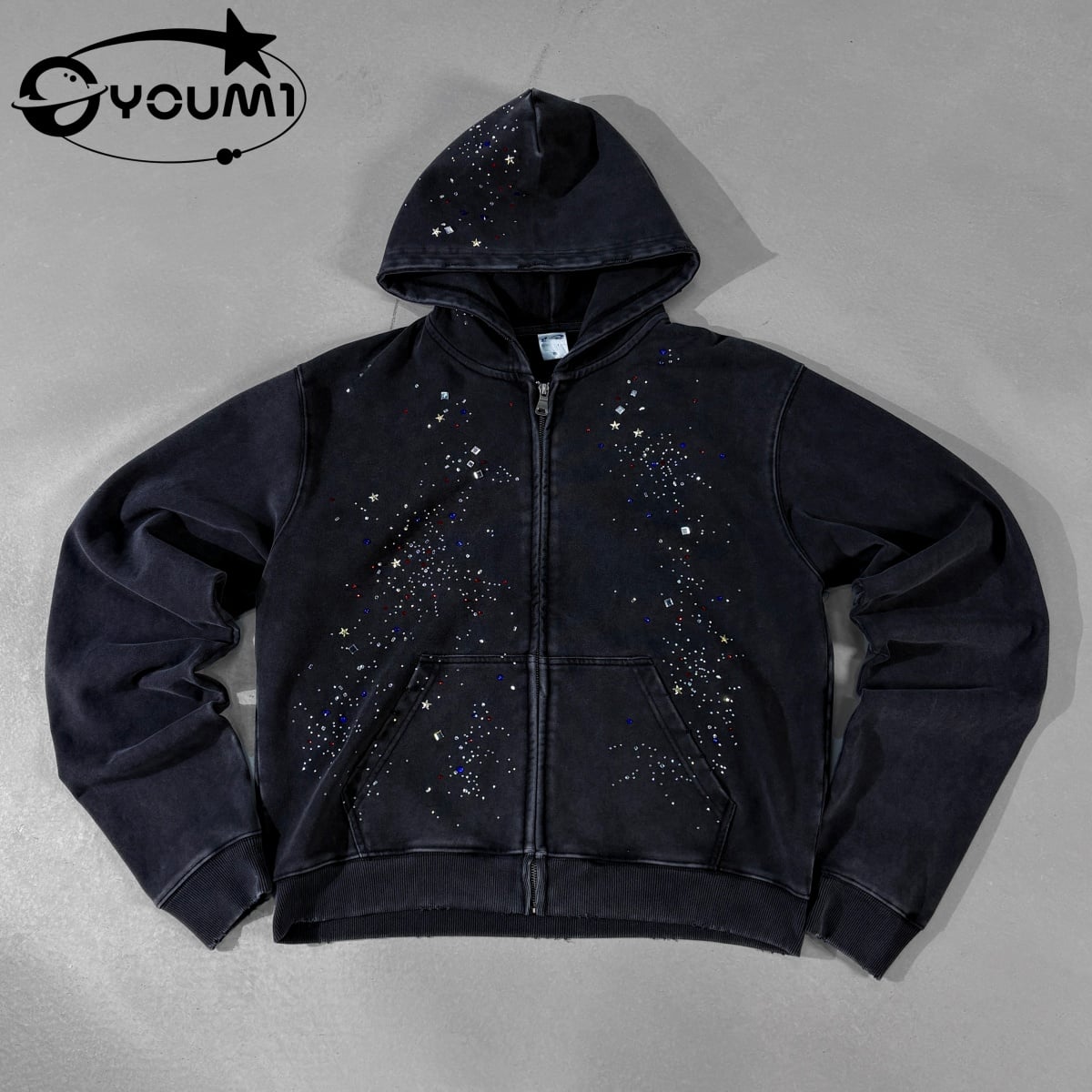 Youmi Custom Long Sleeve Zip up Rhinestone Hoodies Men Acid Washed